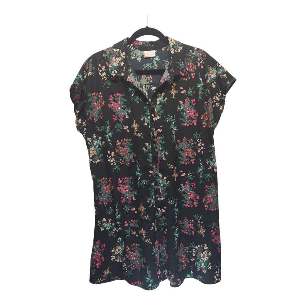 Abound Cap Sleeve Black Floral Skater Dress Size LARGE